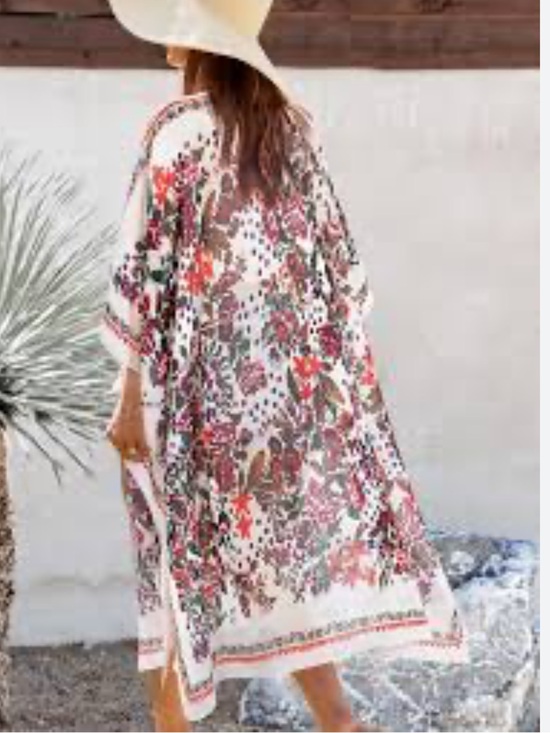Feitong Tops - Floral Polka Dot Open-Front Kimono- White with Pink & Green